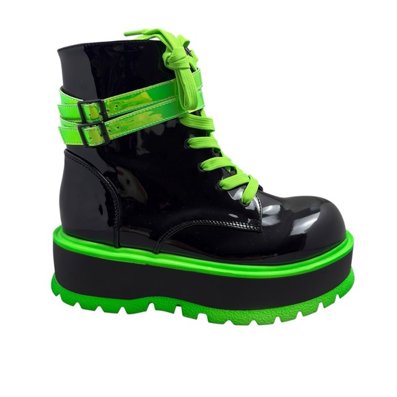 Demonia Shoes - Demonia Slacker 52 Platform Combat Boots Womens Size 9 Black Neon Green Patent